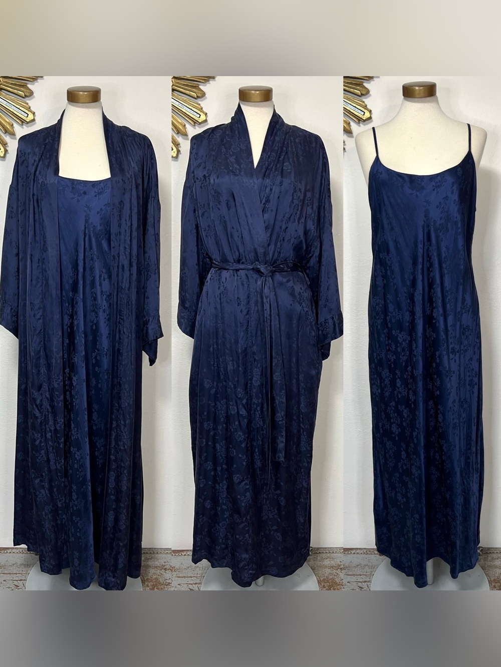 August Silk Navy Jacquard Robe & Slip Set